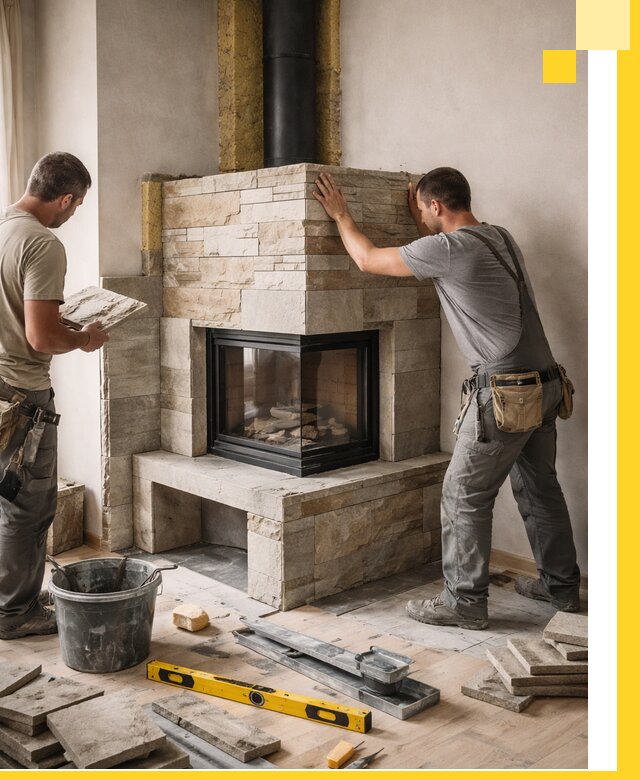 Угловые камины под ключ проект, монтаж и отделка в Березниках